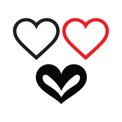 Three hearts in black, white, and red on white background