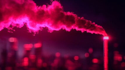 Bright Pink Smoke Emitting from Factory Chimney in Urban Landscape