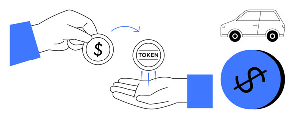 Hand holding dollar coin, another hand receiving token. Blue dollar sign, car illustration. Ideal for finance, blockchain, digital transactions, cryptocurrency, online payments token economy car