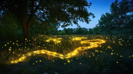 Fototapeta premium Enchanted Meadow at Twilight A magical scene with glowing fireflies and light trails.