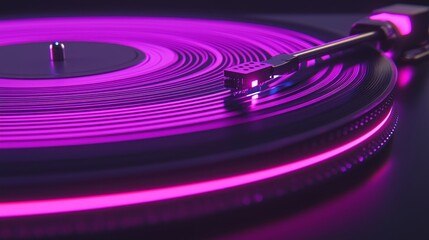 Futuristic Record Player Stylus Arm with Laser Needle Playing Glowing Violet Lines on Rotating Cinematic Vinyl - Ultra-Detailed Music Concept