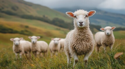 Obraz premium Curious Sheep in Green Pasture Under Cloudy Sky in Rural Landscape