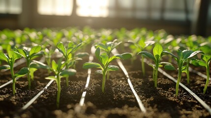 Fresh Green Seedlings Growing in Soil Under Bright Sunlight