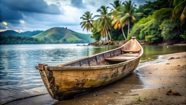 Weathered Portobelo canoe, Caribbean backdrop; vintage Panamanian village charm.
