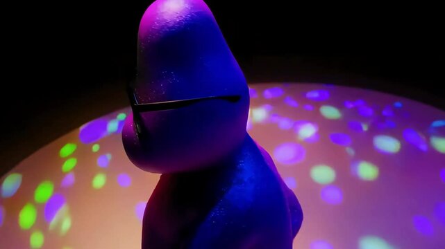 Purple blobby character with sunglasses dancing under disco lights on a black background.