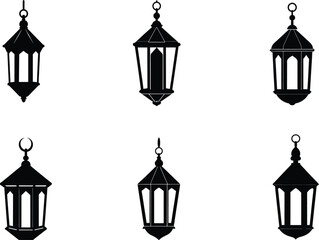 Islamic lanterns set. Ramadan lantern icon vector, Arabic antique hanging oil Lamp lights isolated vector.