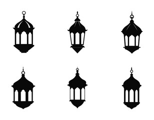 Islamic lanterns set. Ramadan lantern icon vector, Arabic antique hanging oil Lamp lights isolated vector.