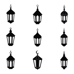 Islamic lanterns set. Ramadan lantern icon vector, Arabic antique hanging oil Lamp lights isolated vector.