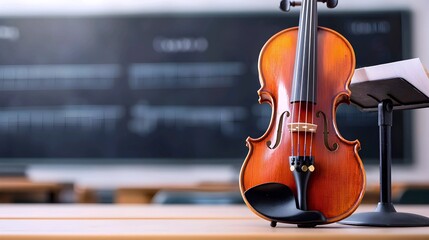 Fototapeta premium A violin rests on a desk, poised for practice. A blurred classroom background hints at musical education.