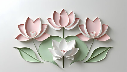 Three-Dimensional Paper Lotus Flowers, Soft Pastel Colors, Decorative Arrangement, White Background