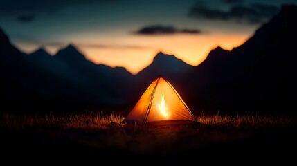Cozy Camping Tent Glowing at Dusk in Serene Nature Landscape