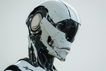 Fototapeta premium Futuristic robot showing helmet details, featuring technological components, in a close up, showcasing advanced robotic design
