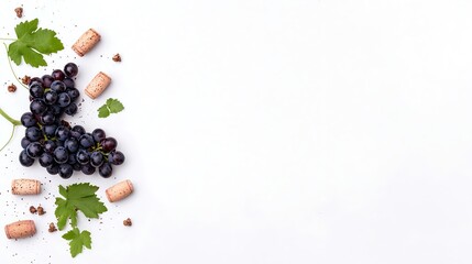Fototapeta premium Fresh Black Grapes with Corks and Leaves on White Background
