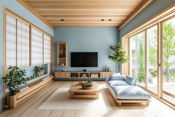 Modern Japanese living room, minimalist design, natural light, serene atmosphere, home decor