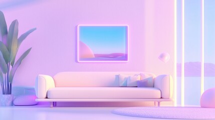 Serene Pastel Living Room Retreat with Mid-Century Sofa and Digital Display Frame