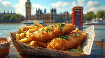 Enjoying traditional fish and chips with scenic view of london landmarks