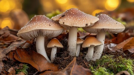 Cluster of mushrooms in autumn forest setting