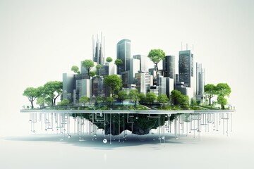 Green eco smart city illustration, futuristic town in blue, white and green colors. Ecological megapolis with smart technologies