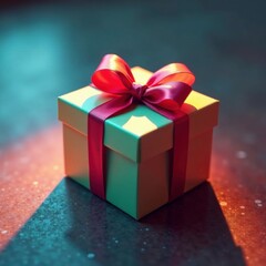 Fototapeta premium Present on floor with colorful bow tied around it, gift, gift box