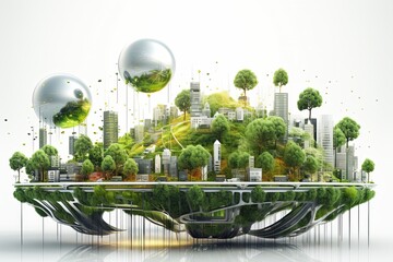 Green eco smart city illustration, futuristic town in blue, white and green colors. Ecological megapolis with smart technologies