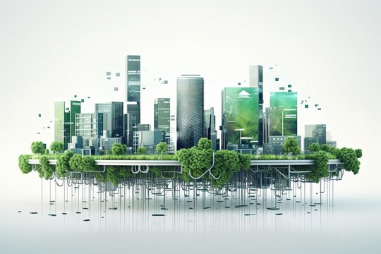 Green eco smart city illustration, futuristic town in blue, white and green colors. Ecological megapolis with smart technologies