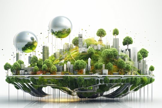 Green eco smart city illustration, futuristic town in blue, white and green colors. Ecological megapolis with smart technologies