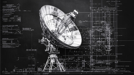 Satellite dish in technical blueprint style featuring intricate patterns, detailed components, and futuristic signal systems	