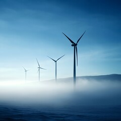 Fototapeta premium Wind Turbines Silhouetted Against Foggy Blue Sky at Sunrise