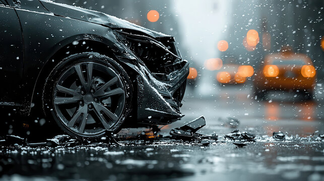 car in severe accident on snowy city street, with damaged front and scattered debris. scene captures somber atmosphere amidst falling snow and blurred traffic lights