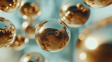 Abstract Golden Spheres Floating in Light Blue Liquid, Reflective Bubbles, 3D Rendering.
