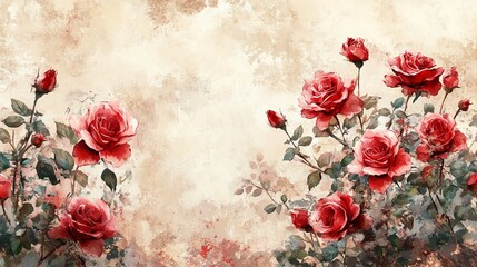 Vibrant Painting of Lush Red Roses Elegantly Arranged Against a Soft Beige Background Exuding Romantic Ambiance and Timeless Beauty Perfect for Home Decor or Art Collection Inspiration