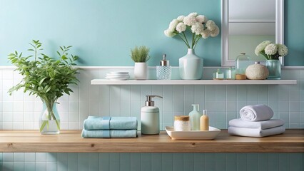 Obraz premium Serene Bathroom Shelf Decor with Soft Towels and Elegant Vases