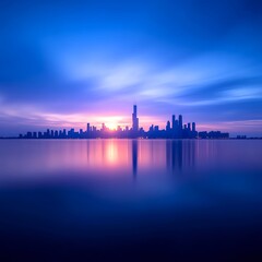 Obraz premium Serene Sunset Over Urban Skyline Reflected in Calm Water