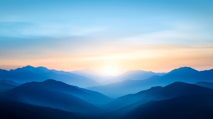 Serene Sunrise Over Misty Mountains with Blue and Orange Sky