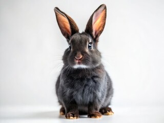 Obraz premium Adorable black bunny, minimalist style. White backdrop showcases its tiny charm. Perfect pet portrait.