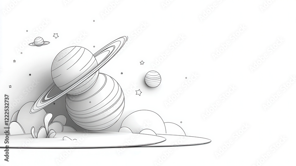 Aufkleber black and white line drawing of planet with rings, surrounded by smaller planets and clouds, creatin
