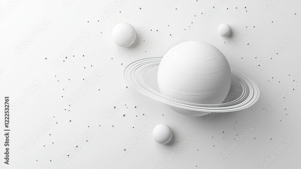 Poster black and white line drawing of planet with rings and smaller celestial bodies, creating minimalist 