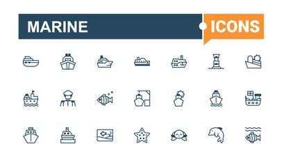 Marine icons set. Containing wave, logistic, water, radar, wheel, shipping, lighthouse and more. Simple icon designs. Vector line and solid icons.