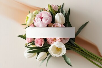 Fresh flower bouquet with a blank white label, ready for custom text or branding