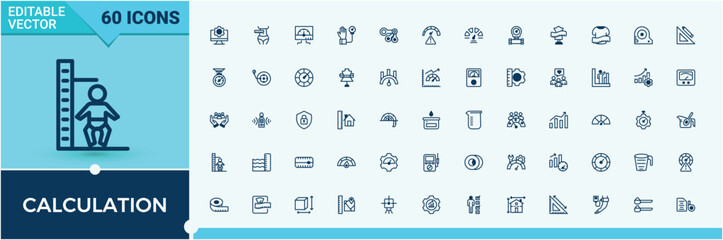 Calculation line icons set. Contains related to rulers, vintage scales, measure, icon, arrow, weight, measurement and more. Solid line editable stroke.