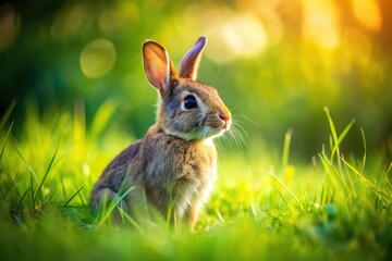 Obraz premium Adorable tilt-shift miniature rabbit, a diecast toy, frolics in a verdant meadow.