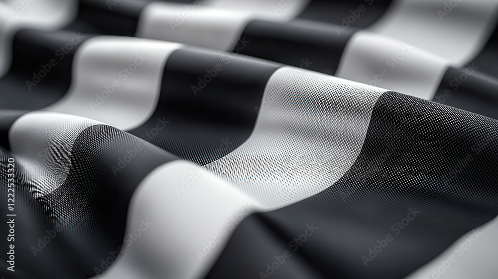 Aufkleber Close up of textured black and white checkered flag, showcasing fabric intricate pattern and folds. contrast creates dynamic visual effect, evoking sense of motion