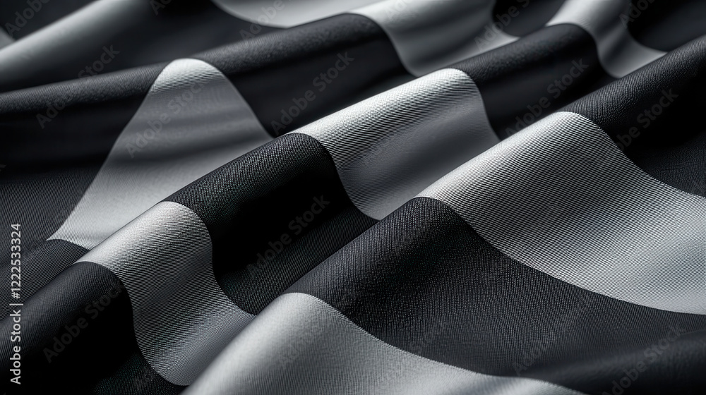 Poster close up of black and white checkered flag, showcasing its smooth texture and flowing fabric. contrasting colors create dynamic visual effect, evoking excitement
