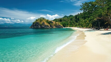 Fototapeta premium Tropical Paradise Beach with Turquoise Water, White Sand, and Lush Greenery