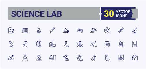 Science Lab icon set. Includes icons for bulb, Laboratory, scientific, equipment, ui, education and more. Simple icon designs. Solid line editable vector illustration.