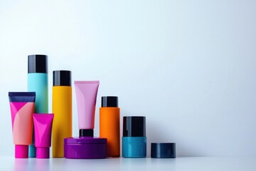 Beauty products arrayed in vibrant packaging on standard display indoor setting product photography aesthetic appeal colorful arrangement beauty concept