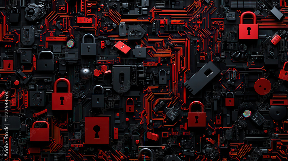 Aufkleber Digital image featuring complex arrangement of locks and circuit patterns in red and black, symbolizing security and technology