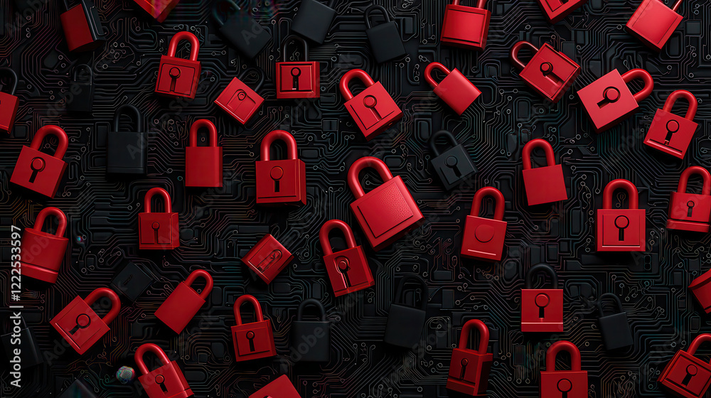 Poster Red padlocks on black circuit board background symbolize security and protection. This digital image conveys sense of safety and technology in modern context