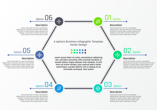 6 options business infographic template, large hexagon line with circle frame at each corner, also with text frame and number