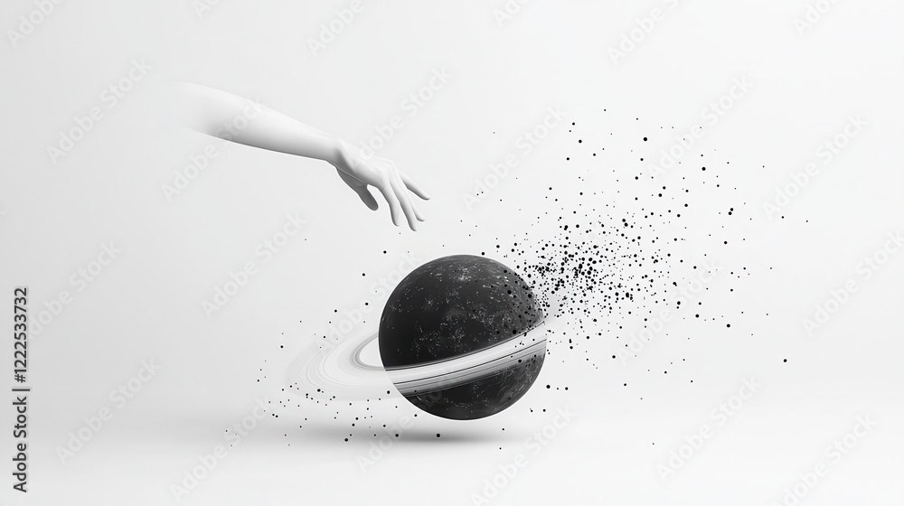 Poster surreal black and white image featuring hand reaching towards planet surrounded by particles, evoking sense of wonder and creativity